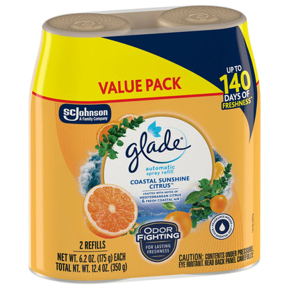 Glade Automatic Spray Refills, Air Freshener, Infused with Essential Oils, Coastal Sunshine Citrus, 6.2 oz, 2 Count
