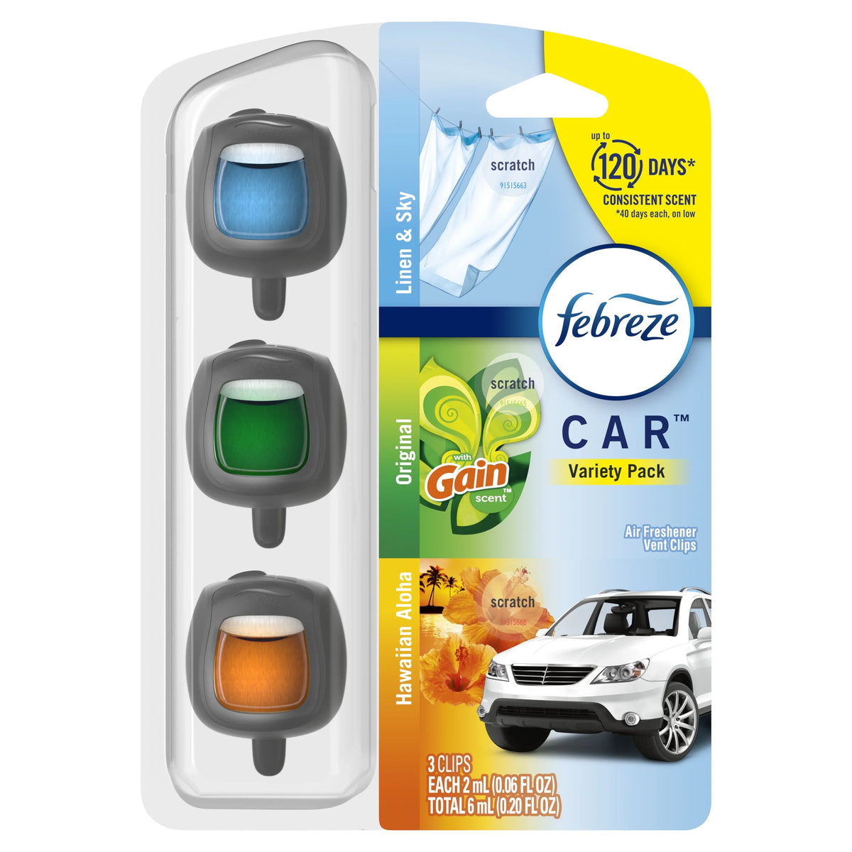 Febreze Car Air Freshener, Odor-Fighting Car Vent Clip, Variety Pack, 3 Count