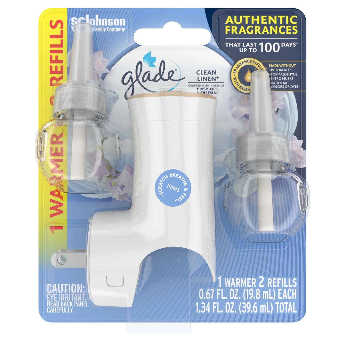 Glade PlugIns Scented Oil Warmer + 2 Refills, Air Freshener, Clean Linen™, 2 x 0.67 Oz