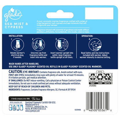 Glade PlugIns Scented Oils Air Freshener Refills, Sea Mist & Cypress, Fresh Collection, 0.67 fl oz Each, 5 Refills