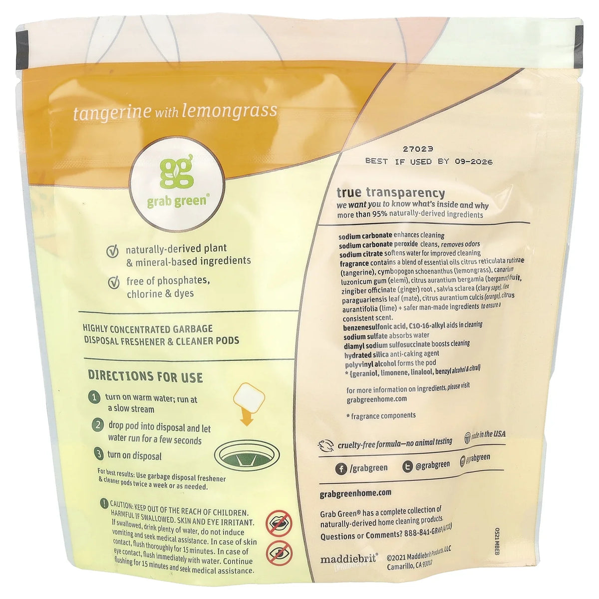 Grab Green Garbage Disposal Cleaner Pods, Tangerine Lemongrass scent, Removes Odors, 12-Count