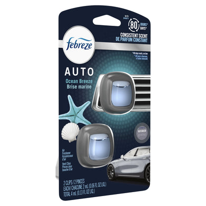 Febreze AUTO Air Freshener Vent Clip Ocean Breeze Scent, .06 oz Car Vent Clip, Pack of 2