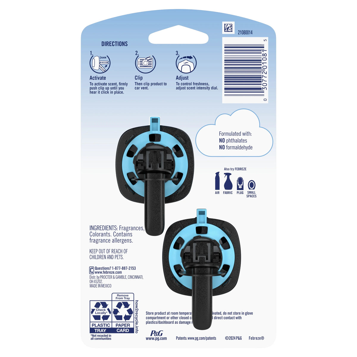 Febreze Car Air Freshener, Odor-Fighting Auto Car Vent Clip, Ocean, 2 Count