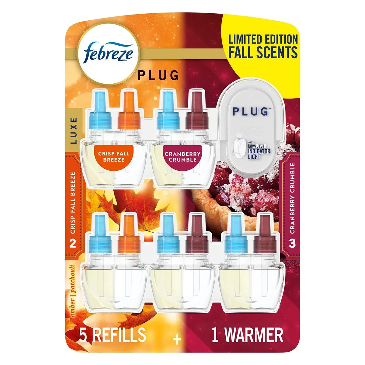 Febreze PLUG Air Freshener – Cranberry Crumble & Crisp Fall Breeze (1 Warmer + 5 Refills, 4.35 fl oz)-2pk, With Paper Towel By OMA