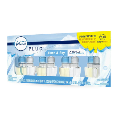 Febreze Plug In Air Freshener, Odor-Fighting Scented Oil Refill, Linen & Sky, 4 Refills