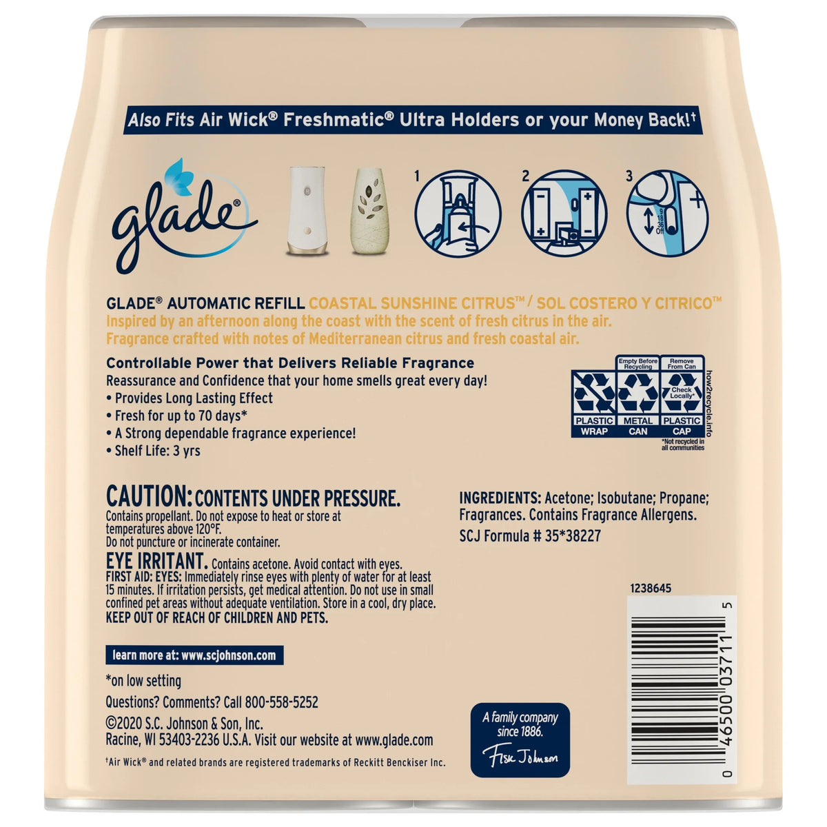 Glade Automatic Spray Refills, Air Freshener, Infused with Essential Oils, Coastal Sunshine Citrus, 6.2 oz, 2 Count