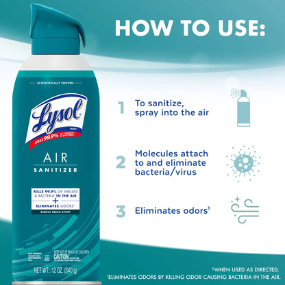 Lysol Air Sanitizer Spray, For Air Sanitization and Odor Elimination, Simple Fresh Scent, 10 Fl. Oz (Pack of 3)
