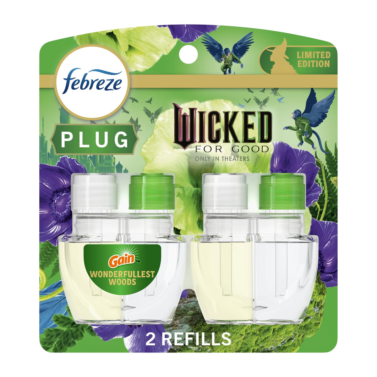 Febreze Plug In Air Freshener, "Wicked: For Good" Limited Edition, Odor-Fighting Scented Oil Refill, Wonderfullest Woods, 2 Count