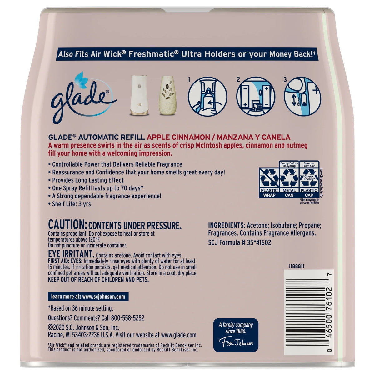 Glade Automatic Spray Refill 2 ct, Apple Cinnamon, 12.4 oz. Total, Air Freshener