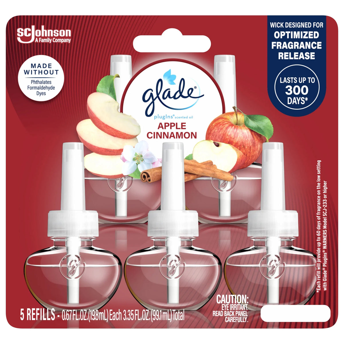 Glade PlugIns Scented Oil 5 Refills, Air Freshener, Apple Cinnamon, Essential Oil Infused Wall Plug In, 3.35 FL oz, Pack of 5