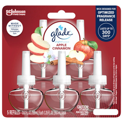 Glade PlugIns Scented Oil 5 Refills, Air Freshener, Apple Cinnamon, Essential Oil Infused Wall Plug In, 3.35 FL oz, Pack of 5