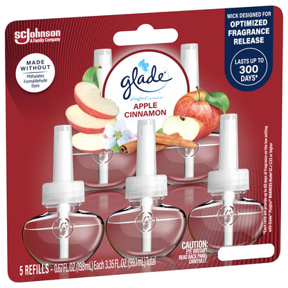 Glade PlugIns Scented Oil 5 Refills, Air Freshener, Apple Cinnamon, Essential Oil Infused Wall Plug In, 3.35 FL oz, Pack of 5