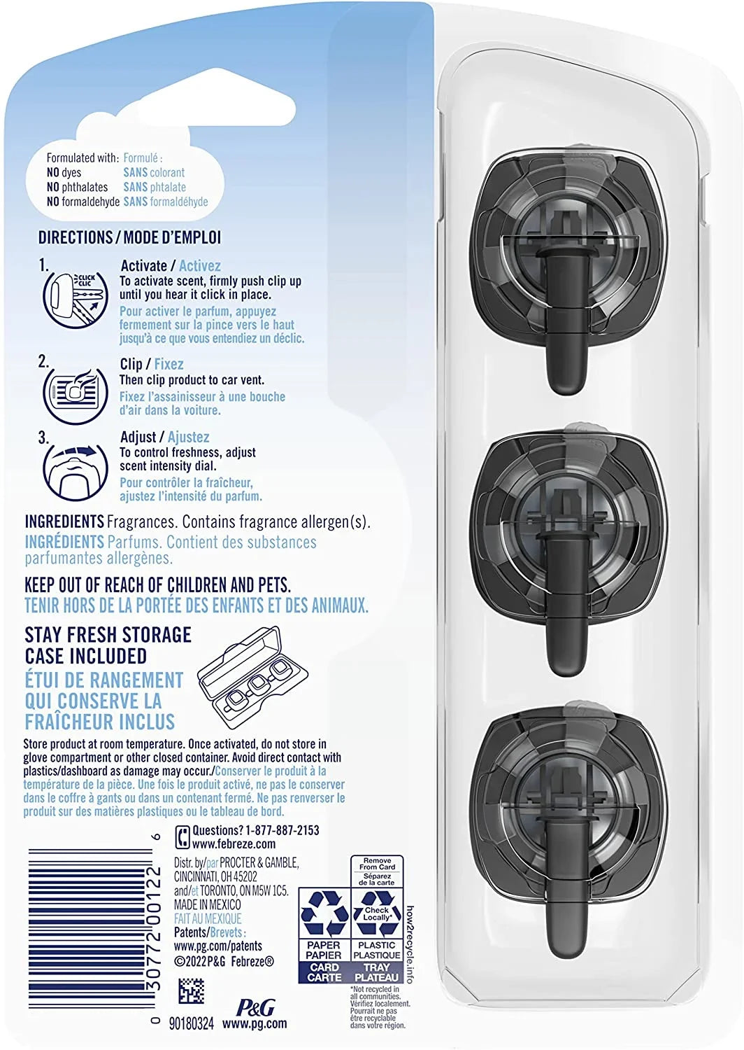 Febreze Car Air Fresheners, Platinum Ice Scent, Odor Eliminator for Strong Odor, Car Vent Clips 3 Pack (3 Count Each Package)