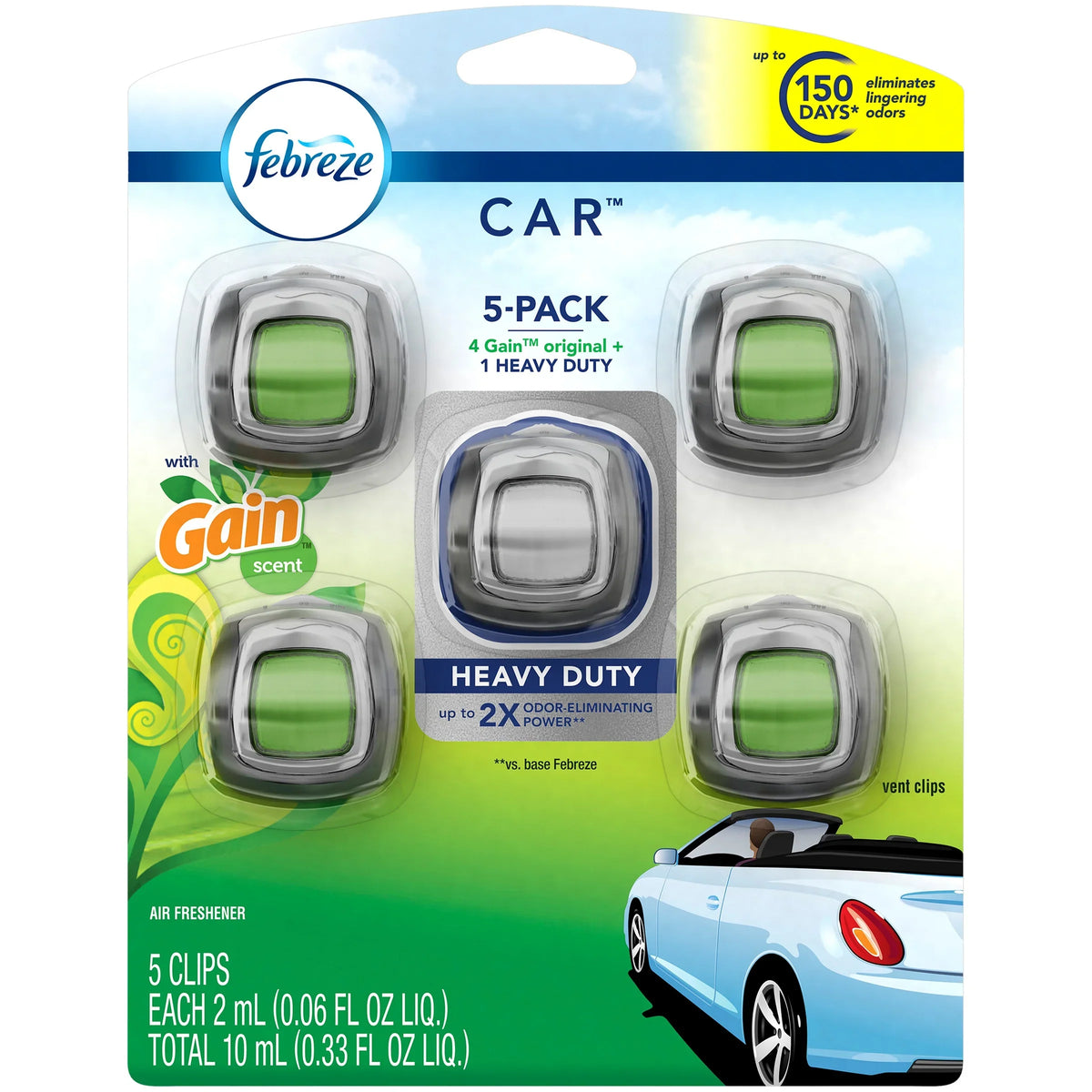 Febreze Car Air Freshener 5-Pack, 4 Gain Original Scent + 1 Heavy Duty