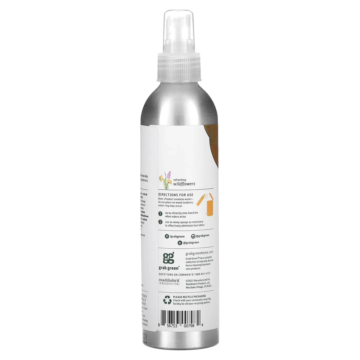 Grab Green Garbage Bin Odor Removal Spray, Refreshing Wildflowers, 5 oz (147 ml)