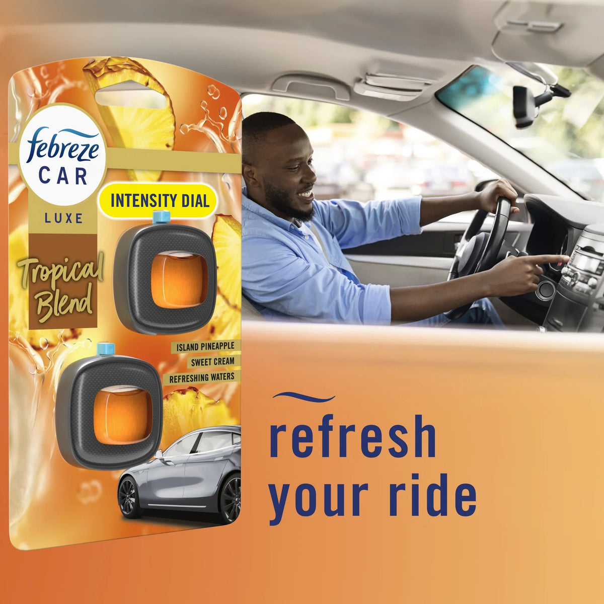 Febreze Car Air Freshener, Odor-Fighting Automotive Vent Clip, Tropical Blend Scent, 2 Count