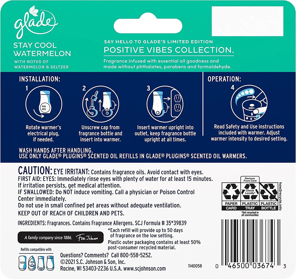 Glade Plugins Refills Air Freshener, Scented And Essential Oils For Home And Bathroom, Stay Cool Watermelon, 3.35 Fl Oz, 5 Count