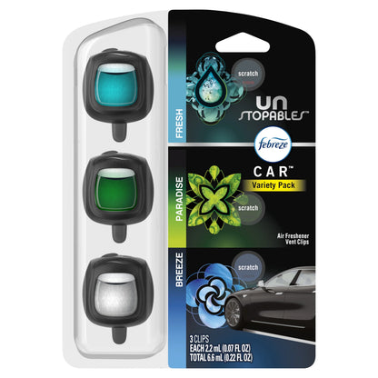 Febreze Car Air Freshener Odor-Fighting Car Vent Clip, Unstopables Variety Pack, 3-Count