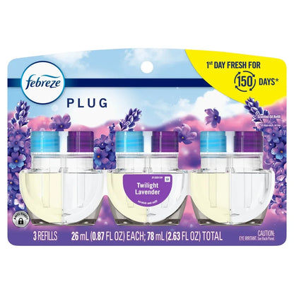 Febreze Plug In Air Freshener, Odor-Fighting Scented Oil Refill, Twilight Lavender Scent, 3 Refills