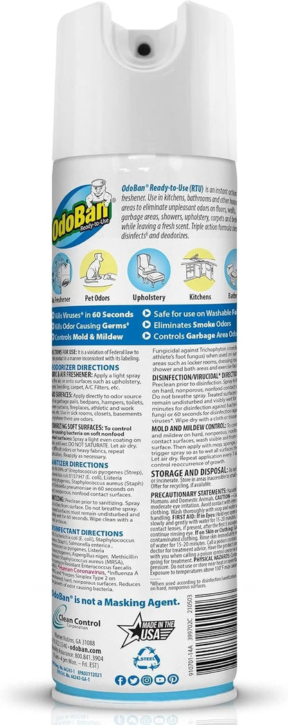 OdoBan Ready-to-Use 360-Degree Continuous Spray Disinfectant and Harsh Aroma Eliminator, Fabric and Air Freshener, 14.6 Ounces, Fresh Linen Scent