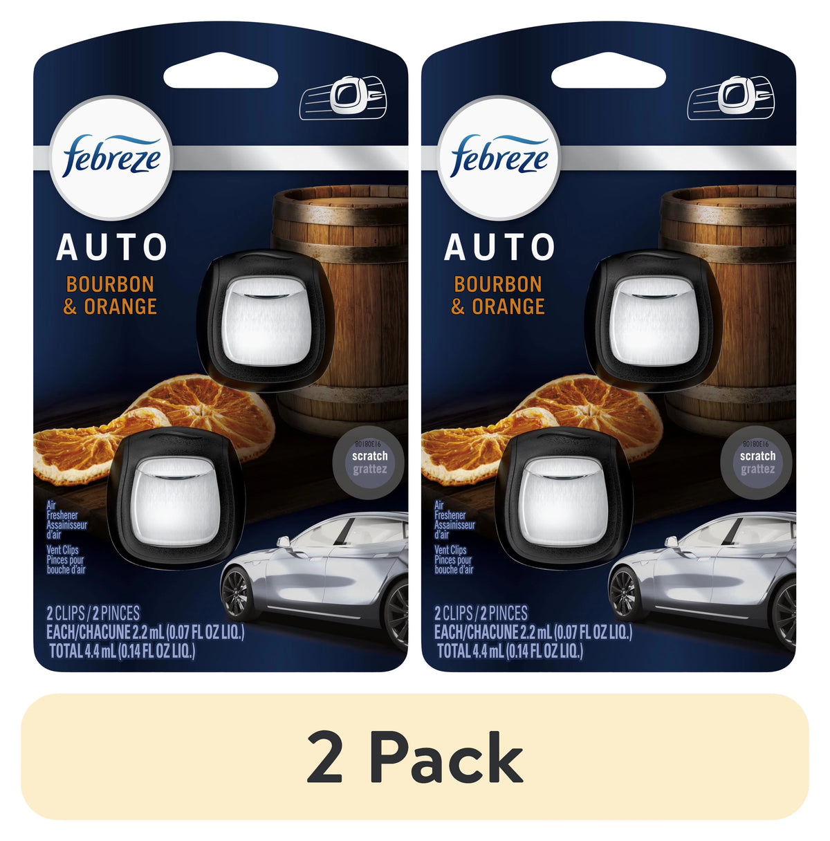 Febreze AUTO Car Air Freshener, Odor-Fighting Car Vent Clip, Bourbon & Orange, 2 Count