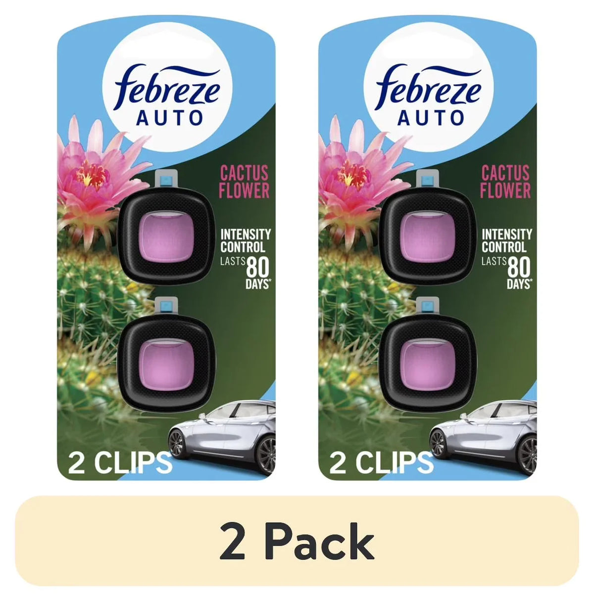 Febreze AUTO Car Air Freshener, Odor-Fighting Car Vent Clip, Cactus Flower, 2 Count