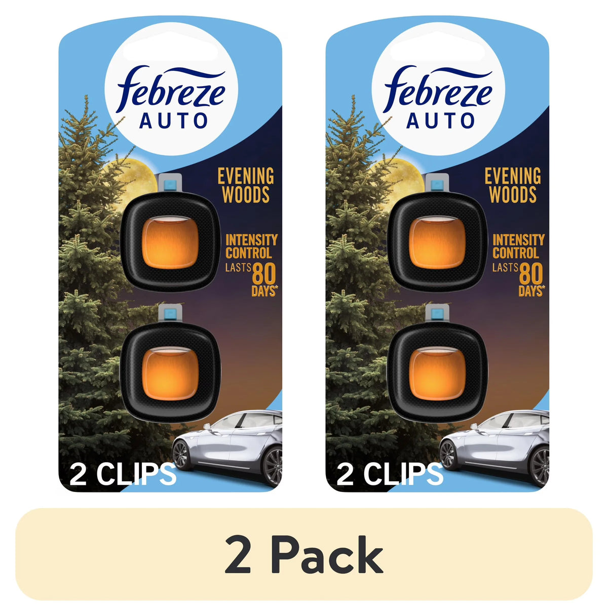 Febreze AUTO Car Air Freshener, Odor-Fighting Car Vent Clip, Evening Woods, 2 Count