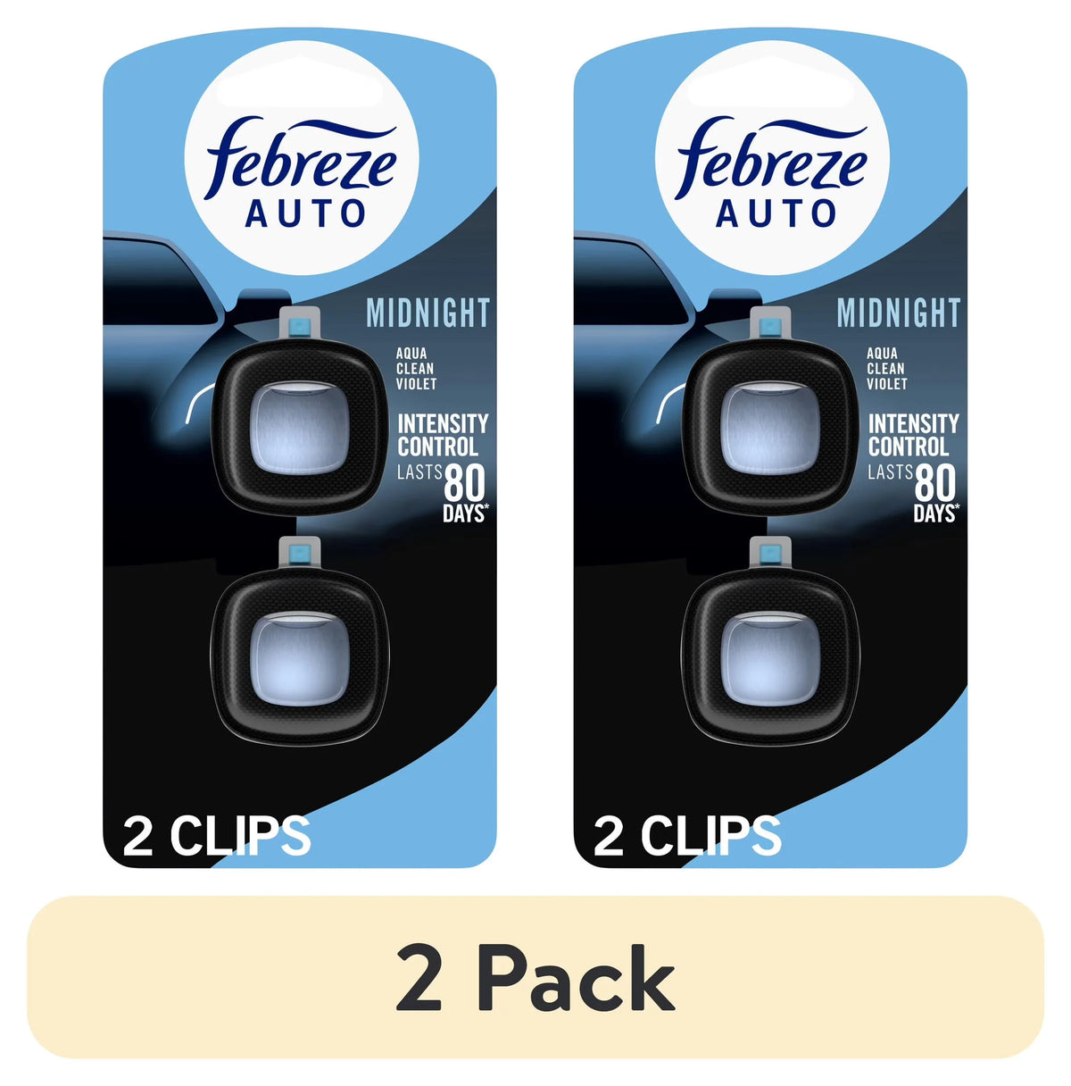 Febreze AUTO Car Air Freshener, Odor-Fighting Car Vent Clip, Midnight, 2 Count