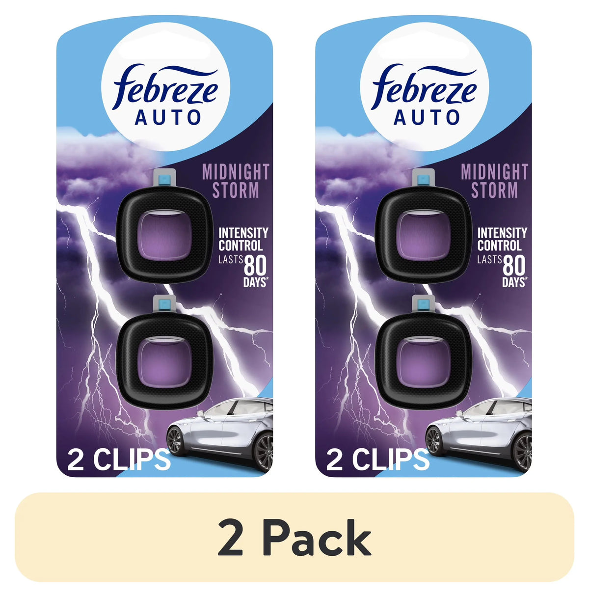 Febreze AUTO Car Air Freshener, Odor-Fighting Car Vent Clip, Midnight Storm, 2 Count