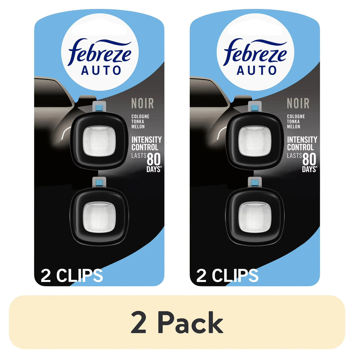 Febreze AUTO Car Air Freshener, Odor-Fighting Car Vent Clip, Noir, 2 Count