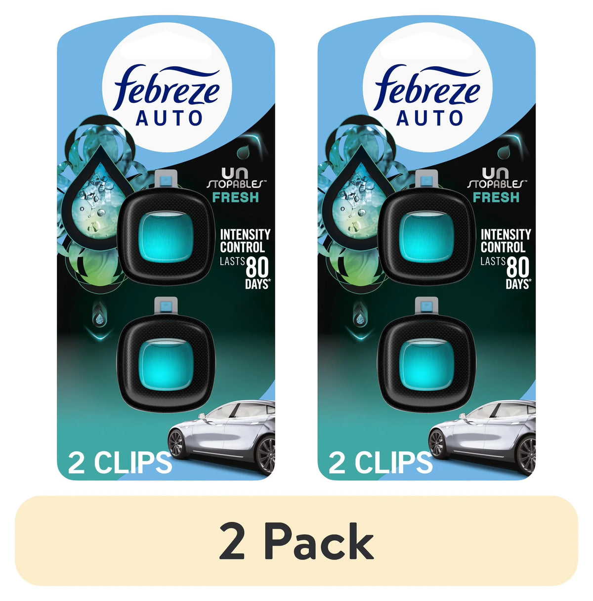 Febreze AUTO Car Air Freshener, Odor-Fighting Car Vent Clip, Unstopables Fresh, 2 Count