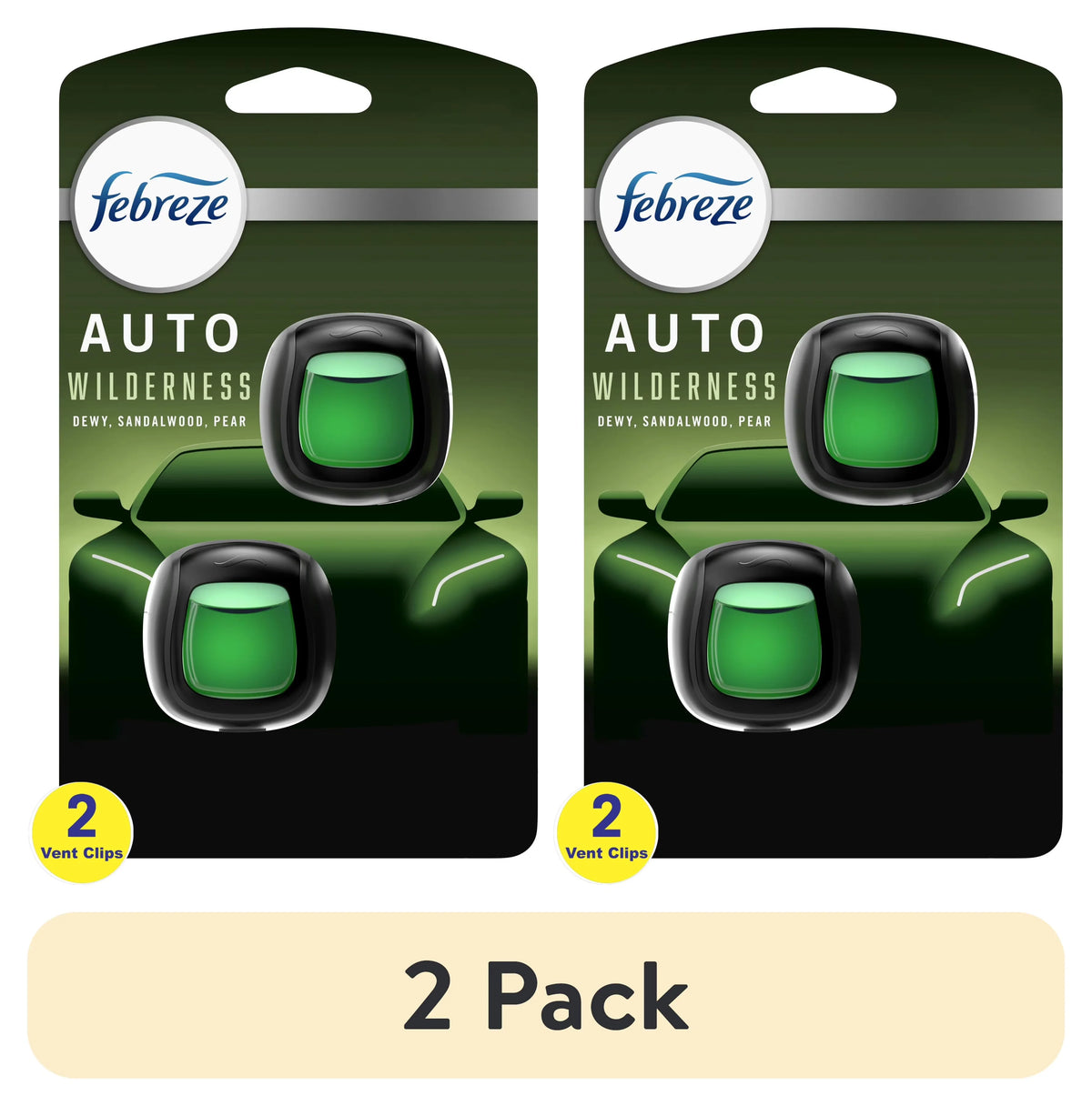 Febreze AUTO Car Air Freshener, Odor-Fighting Car Vent Clip, Wilderness, 2 Count