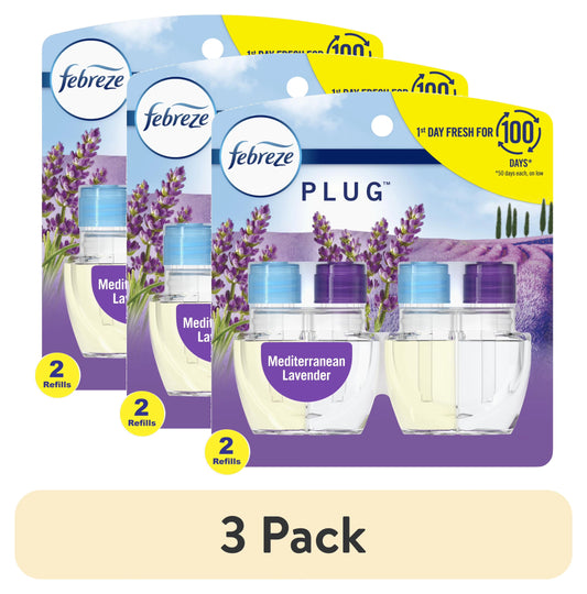 (3 pack) Febreze Plug In Air Freshener, Odor-Fighting Scented Oil Refill, Mediterranean Lavender, 2 Refills