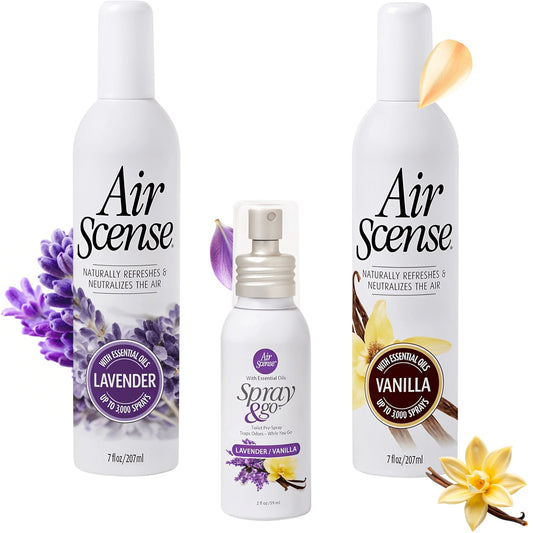 Air Scense Essential Oil Air Freshener, 7 oz + Spray & Go, 2 oz (Lavender Vanilla Bundle)