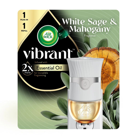 Air Wick Vibrant Plug-In Scented Oil Air Freshener Warmer Starter Kit, White Sage and Mahogany, 2 Piece
