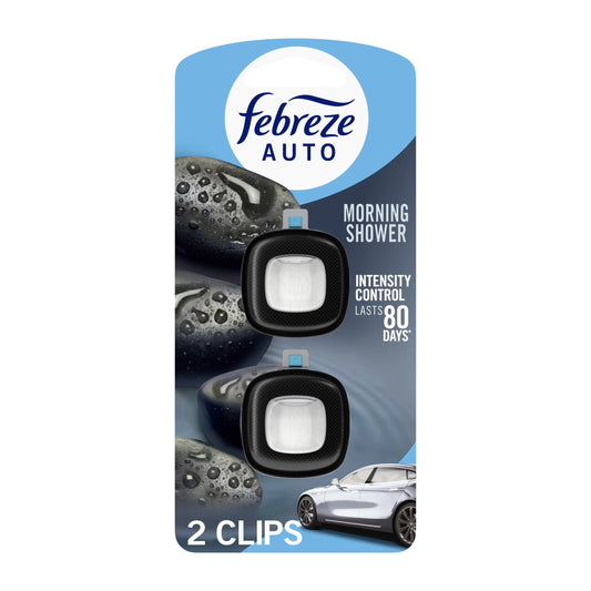 Febreze AUTO Car Air Freshener, Odor-Fighting Car Vent Clip, Morning Shower, 2 Count