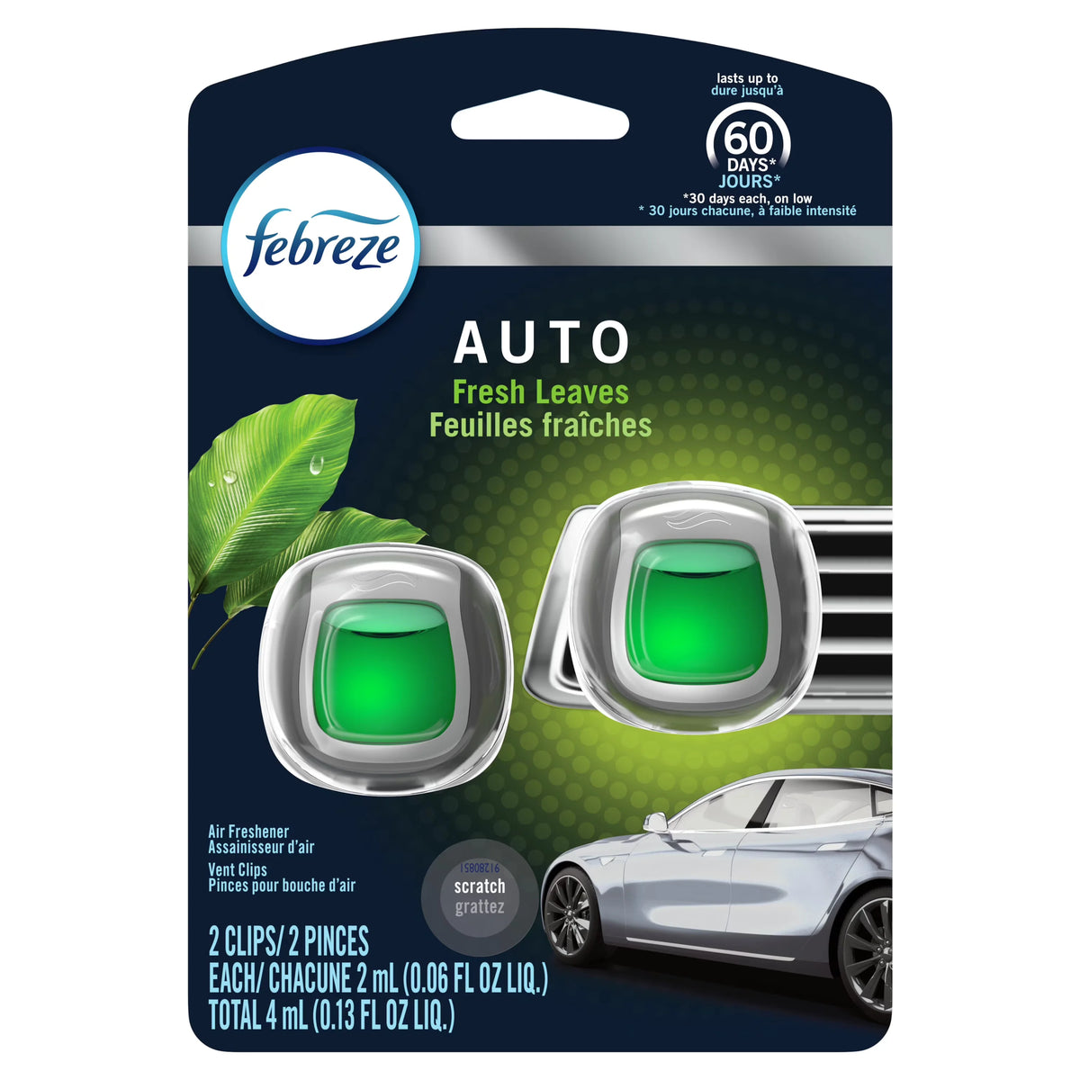 Febreze AUTO Odor-Eliminating Car Freshener Vent Clip Fresh Leaves, .06 Oz. Car Vent Clip, Pack of 2