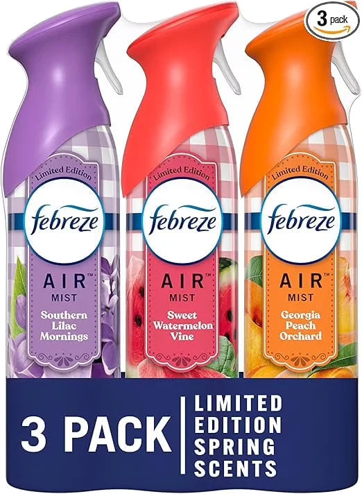 Febreze Air Mist Air Freshener Spray, Odor-Fighting Room Spray for Home, Bathroom and Kitchen, Aerosol Can, Southern Lilac Mornings, Georgia Peach Orchard, Sweet Watermelon Vine Scent, 8.8oz, 3 Count