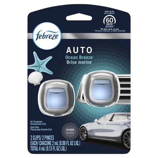Febreze Auto Odor-Eliminating Car Freshener Vent Clip, Ocean Breeze, .06 oz, 2 Pack