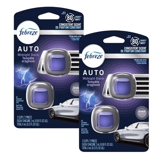 Febreze Car Air Freshener Vent Clips, Midnight Storm Scent, 2-Clips: Automotive Odor Eliminator for Car Vent, Long-Lasting Car Freshener Clips, 2 Pack