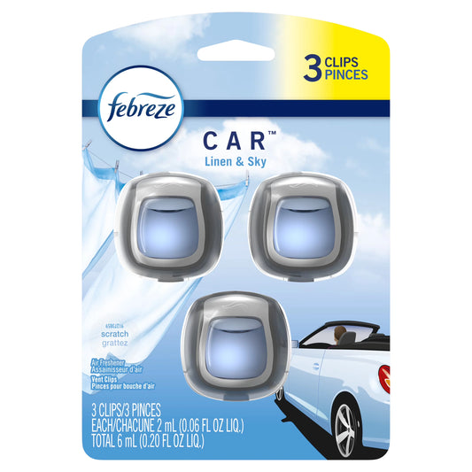 Febreze Car Odor Eliminating Air Freshener, Linen and Sky, 3 Count