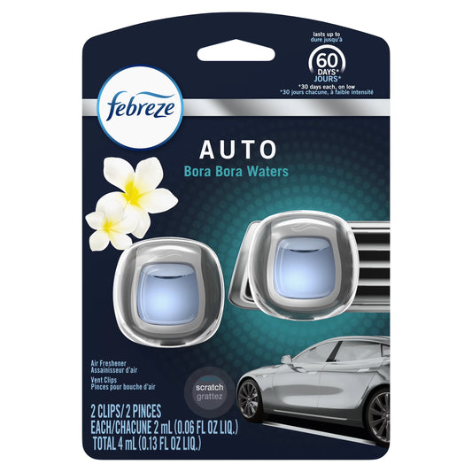 Febreze Car Odor Eliminating Air Freshener Vent Clip, Bora Bora Waters Scent, 2 Count
