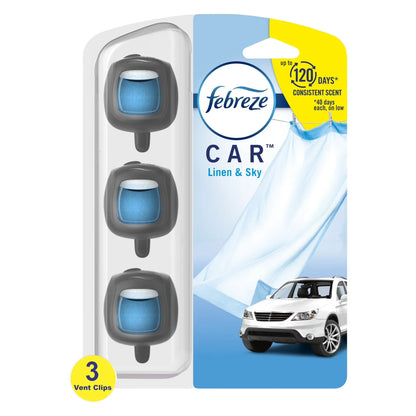 Febreze Car Odor-Fighting Car Freshener Vent Clip Linen & Sky, 0.06 fl oz, 4 Pack of 3