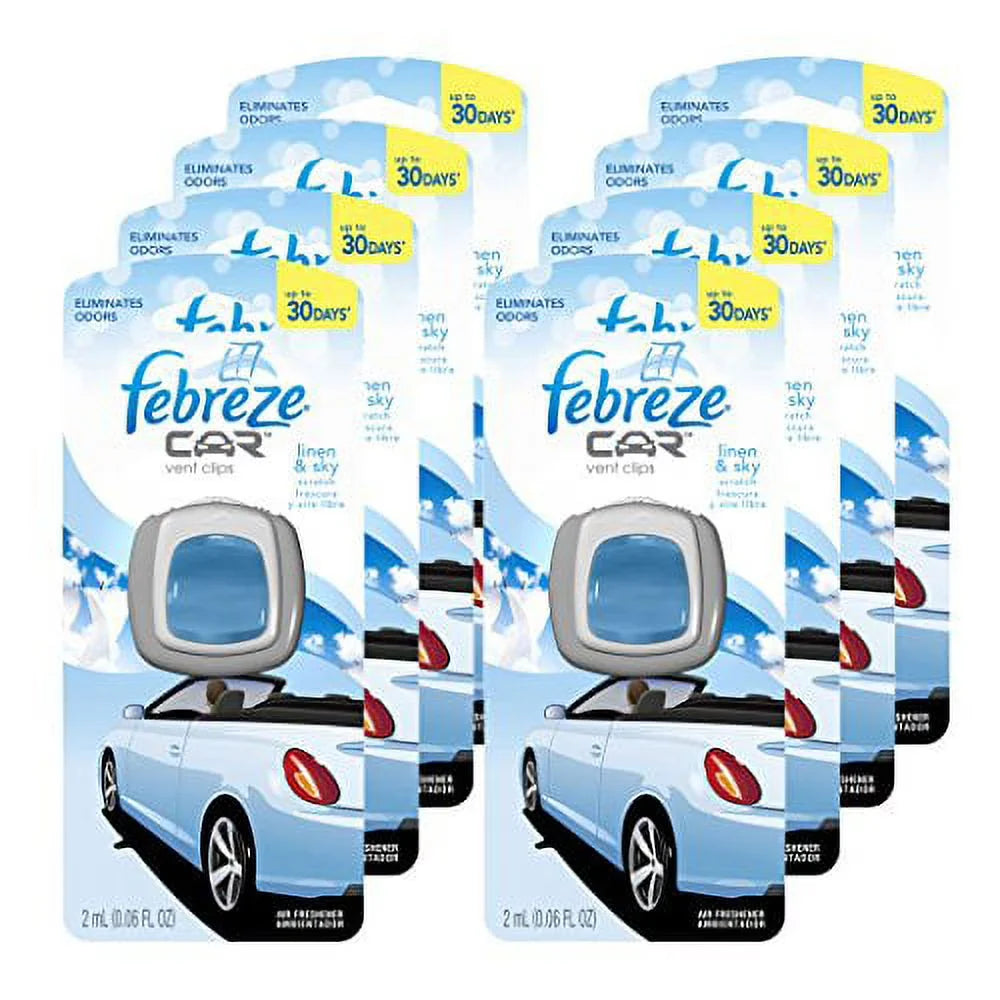 Febreze Car Vent Clips Air Freshener and Odor Eliminator, Linen and Sky Scent - 8 Pieces