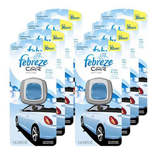 Febreze Car Vent Clips Air Freshener and Odor Eliminator, Linen and Sky Scent - 8 Pieces