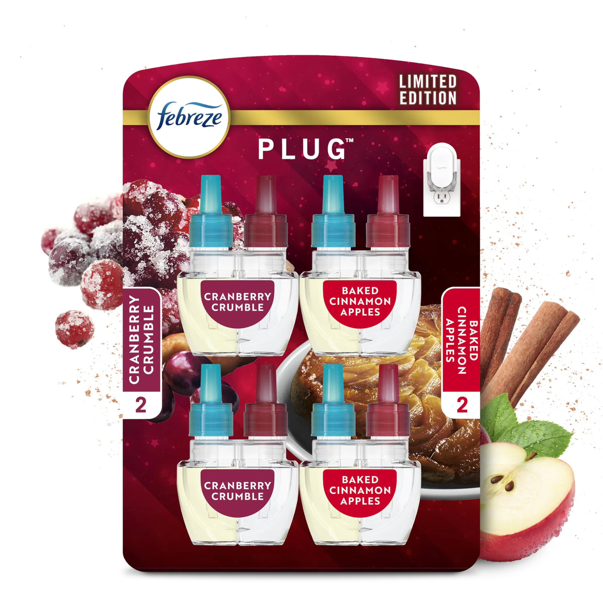 Febreze Odor-Fighting Fade Defy PLUG Air Freshener Baked Cinnamon Apple, Cranberry Crumble, .87 fl. oz. Oil Refill, 2 of Each