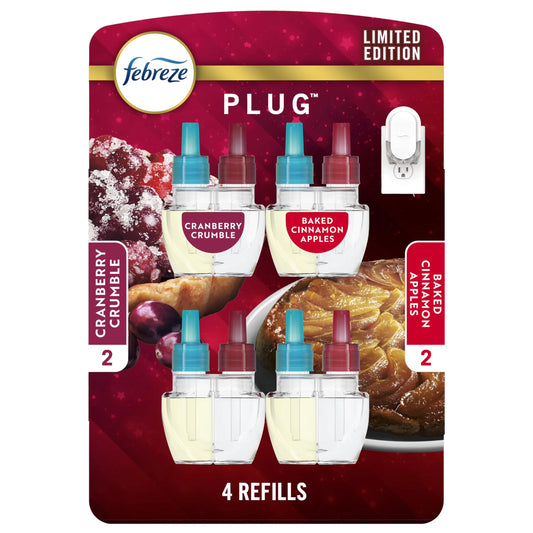 Febreze Odor-Fighting Fade Defy PLUG Air Freshener Baked Cinnamon Apple, Cranberry Crumble, .87 fl. oz. Oil Refill, 2 of Each