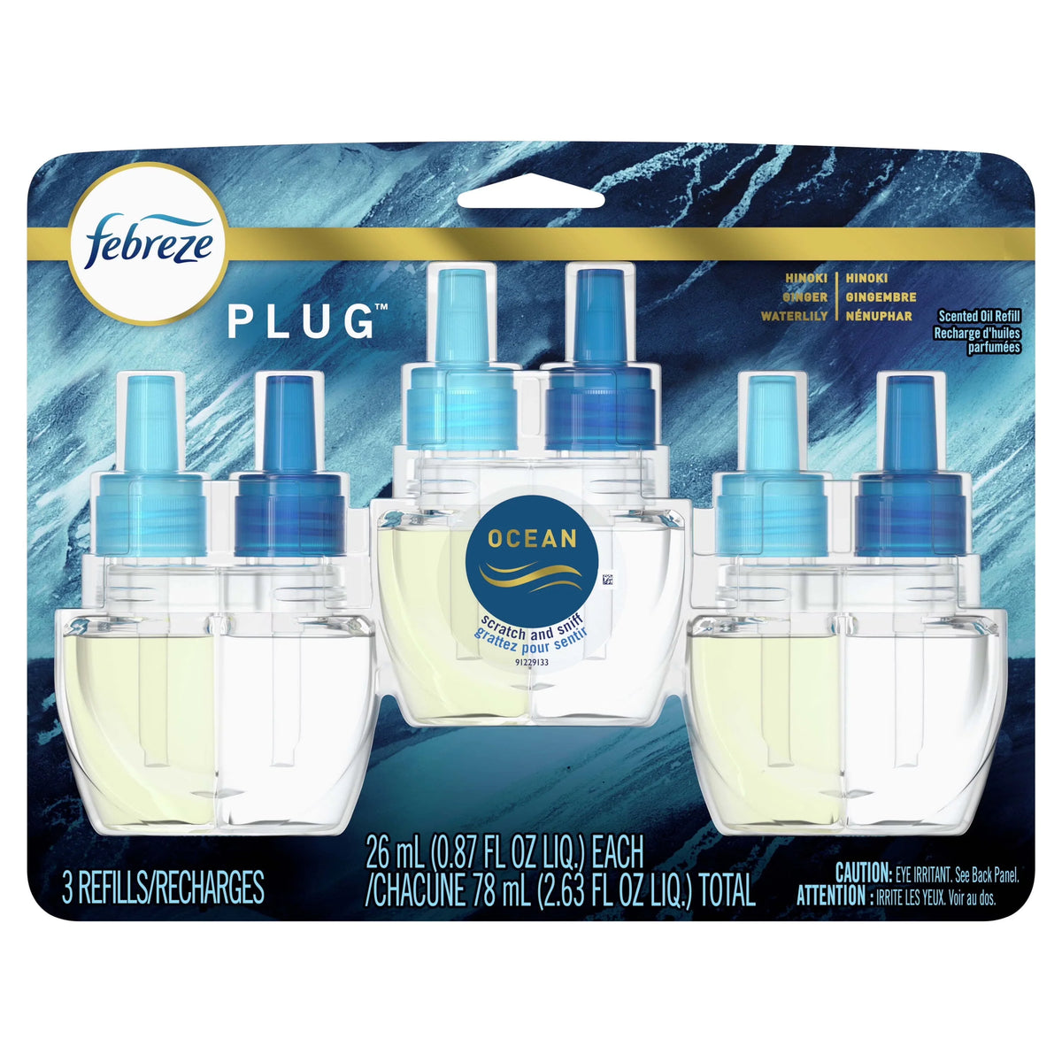 Febreze Plug In Air Freshener, Odor-Fighting Scented Oil Refill, Ocean, 3 Refills
