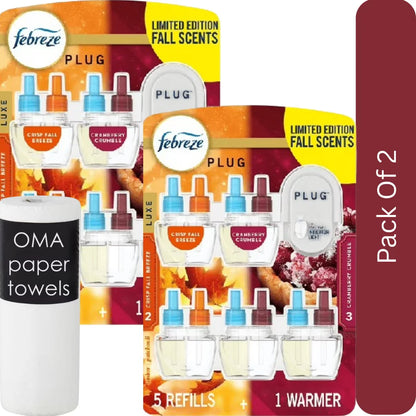 Febreze PLUG Air Freshener – Cranberry Crumble & Crisp Fall Breeze (1 Warmer + 5 Refills, 4.35 fl oz)-2pk, With Paper Towel By OMA