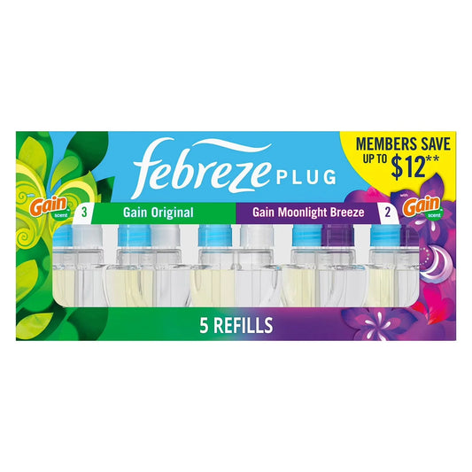 Febreze Plug Air Freshener, Gain Original + Gain Moonlight Breeze (5 Refills)